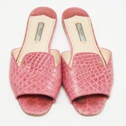 Pre Owned Prada Pink Croc Embossed Leather Flat Slides Size 37.5