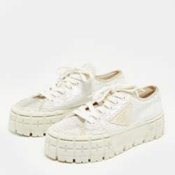 Pre Owned Prada White Sequins Double Wheel Platform Sneakers Size 38