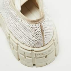 Pre Owned Prada White Sequins Double Wheel Platform Sneakers Size 38