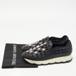Pre Owned Prada Black Laser Cut Leather Crystal Embellished Slip On Sneakers Size 37.5