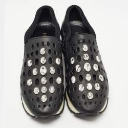 Pre Owned Prada Black Laser Cut Leather Crystal Embellished Slip On Sneakers Size 37.5