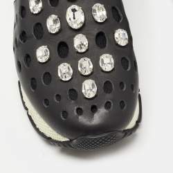 Pre Owned Prada Black Laser Cut Leather Crystal Embellished Slip On Sneakers Size 37.5