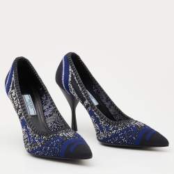Prada Blue/Black Printed Knit Fabric Pointed Toe Pumps Size 37.5