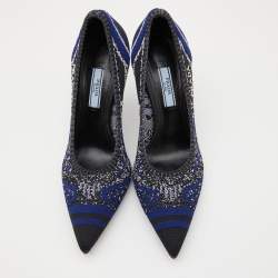 Prada Blue/Black Printed Knit Fabric Pointed Toe Pumps Size 37.5