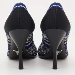 Prada Blue/Black Printed Knit Fabric Pointed Toe Pumps Size 37.5
