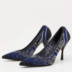 Prada Blue/Black Printed Knit Fabric Pointed Toe Pumps Size 37.5