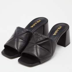 Pre Owned Prada Black Quilted Leather Logo Slide Sandals Size 38