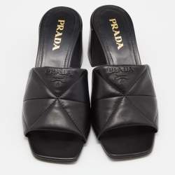 Pre Owned Prada Black Quilted Leather Logo Slide Sandals Size 38
