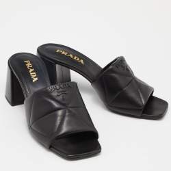 Pre Owned Prada Black Quilted Leather Logo Slide Sandals Size 38
