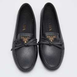 Pre Owned Prada Black Saffiano Leather Bow Detail Loafers Size 36