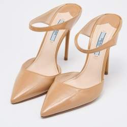 Pre Owned Prada Beige Patent Leather Pointed Toe Mules Size 37.5