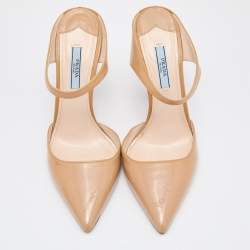 Pre Owned Prada Beige Patent Leather Pointed Toe Mules Size 37.5