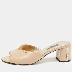 Prada Beige Saffiano Vernice Leather Crystal Embellished Block Heel Slide Sandals Size 40