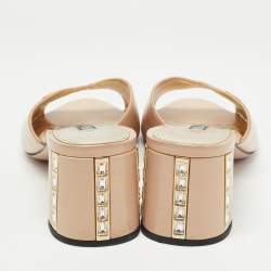 Prada Beige Saffiano Vernice Leather Crystal Embellished Block Heel Slide Sandals Size 40