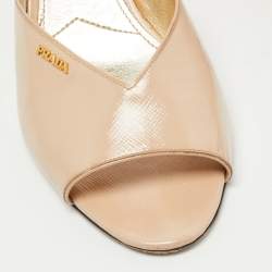 Prada Beige Saffiano Vernice Leather Crystal Embellished Block Heel Slide Sandals Size 40