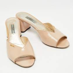 Prada Beige Saffiano Vernice Leather Crystal Embellished Block Heel Slide Sandals Size 40