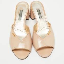 Prada Beige Saffiano Vernice Leather Crystal Embellished Block Heel Slide Sandals Size 40