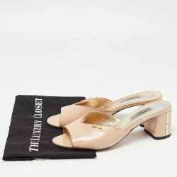 Prada Beige Saffiano Vernice Leather Crystal Embellished Block Heel Slide Sandals Size 40