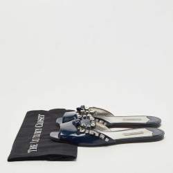 Prada Navy Blue Leather Crystal Embellished Bow Flat Slides Size 39.5