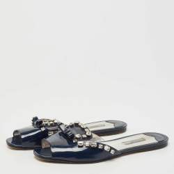 Prada Navy Blue Leather Crystal Embellished Bow Flat Slides Size 39.5