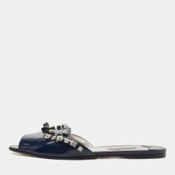 Prada Navy Blue Leather Crystal Embellished Bow Flat Slides Size 39.5