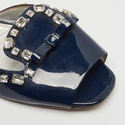 Prada Navy Blue Leather Crystal Embellished Bow Flat Slides Size 39.5