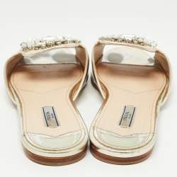 Pre Owned Prada Silver Leather Crystal Embellished Flat Slides Size 40.5