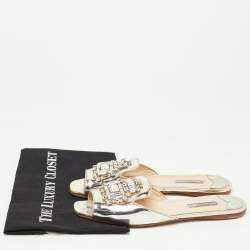 Pre Owned Prada Silver Leather Crystal Embellished Flat Slides Size 40.5