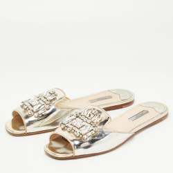 Pre Owned Prada Silver Leather Crystal Embellished Flat Slides Size 40.5