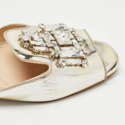 Pre Owned Prada Silver Leather Crystal Embellished Flat Slides Size 40.5