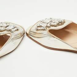 Pre Owned Prada Silver Leather Crystal Embellished Flat Slides Size 40.5