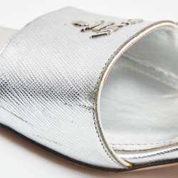 Pre Owned Prada Silver Foil Leather Block Heel Ankle Strap Sandals Size 40