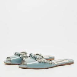 Prada Grey Patent Leather Crystal Embellished Bow Flat Slides Size 40