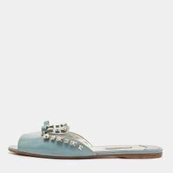 Prada Grey Patent Leather Crystal Embellished Bow Flat Slides Size 40