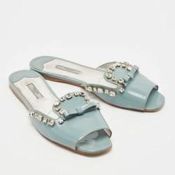 Prada Grey Patent Leather Crystal Embellished Bow Flat Slides Size 40