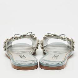 Prada Grey Patent Leather Crystal Embellished Bow Flat Slides Size 40