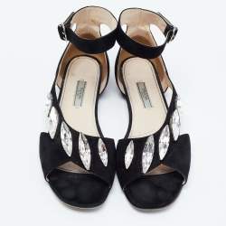 Pre Owned Prada Black Suede Crystal Embellished Flats Size 38.5