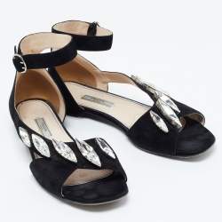 Pre Owned Prada Black Suede Crystal Embellished Flats Size 38.5