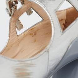 Pre Owned Prada Silver Leather Block Heel Pumps Size 38