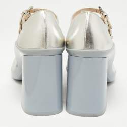 Pre Owned Prada Silver Leather Block Heel Pumps Size 38