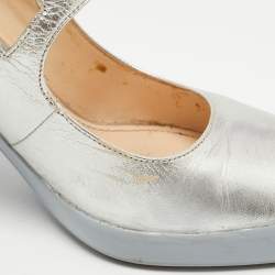 Pre Owned Prada Silver Leather Block Heel Pumps Size 38