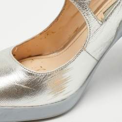 Pre Owned Prada Silver Leather Block Heel Pumps Size 38