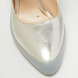 Pre Owned Prada Silver Leather Block Heel Pumps Size 38