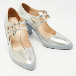 Pre Owned Prada Silver Leather Block Heel Pumps Size 38