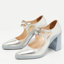Pre Owned Prada Silver Leather Block Heel Pumps Size 38