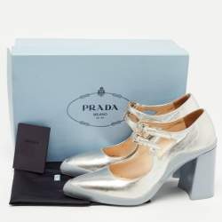 Pre Owned Prada Silver Leather Block Heel Pumps Size 38