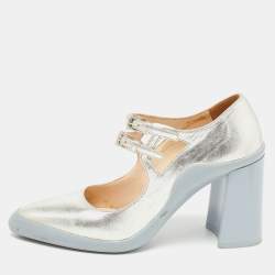 Pre Owned Prada Silver Leather Block Heel Pumps Size 38