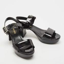 Pre Owned Prada Black Patent Leather Ankle Strap Block Heel Sandals Size 39