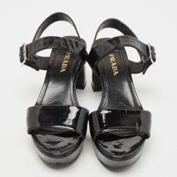 Pre Owned Prada Black Patent Leather Ankle Strap Block Heel Sandals Size 39