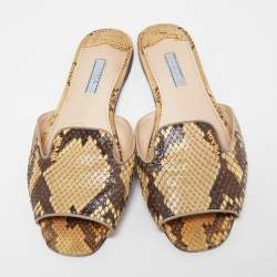 Pre Owned Prada Yellow/Brown Python Flat Slides Size 38.5